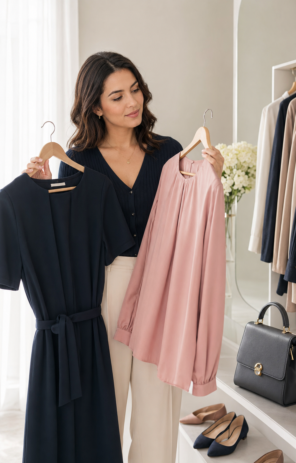 Mujer comparando dos opciones de vestuario para una decisión puntual de imagen